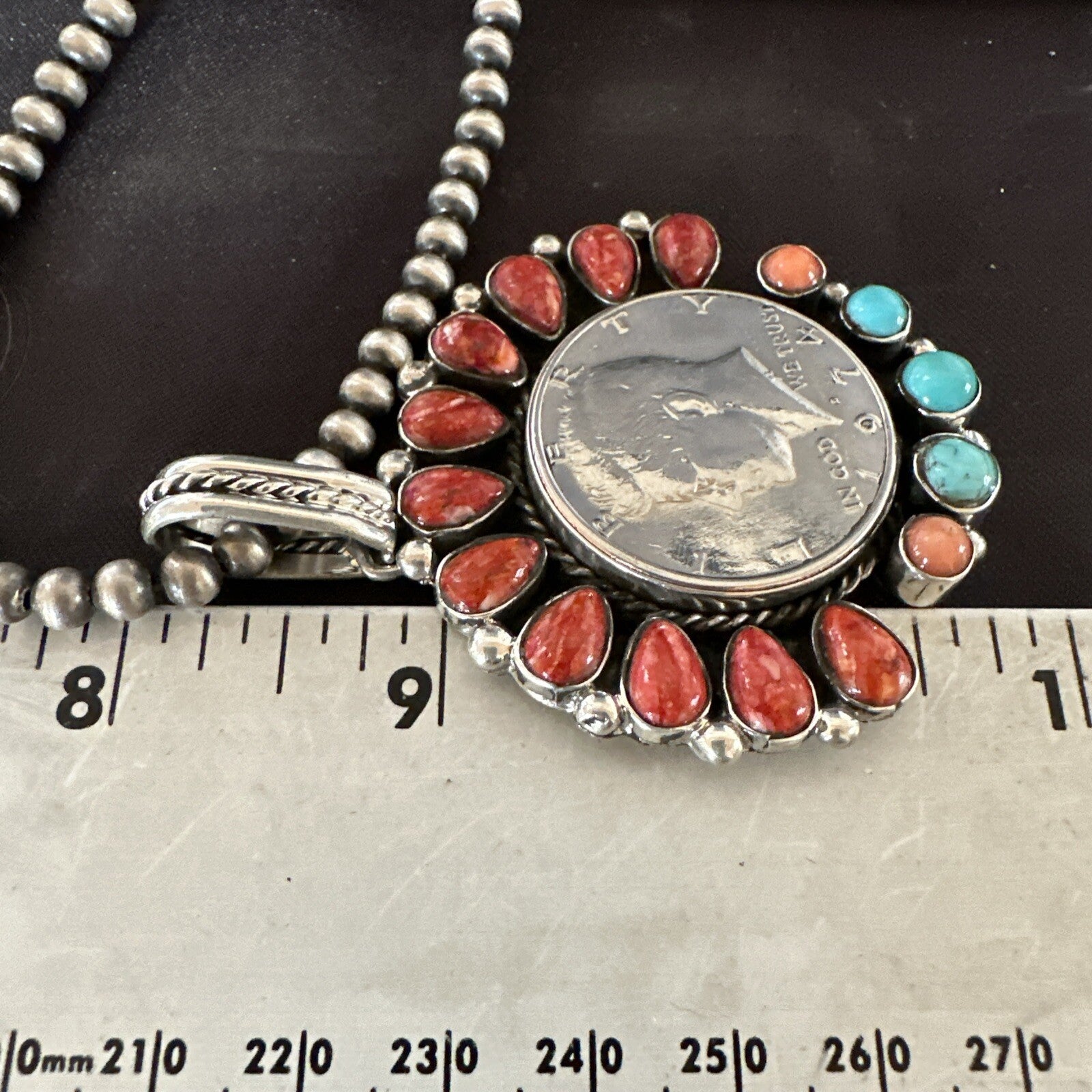 Coin Pendant Red Spiny Oyster Turquoise Navajo Sterling Silver Necklace 17924