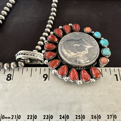 Coin Pendant Red Spiny Oyster Turquoise Navajo Sterling Silver Necklace 17924