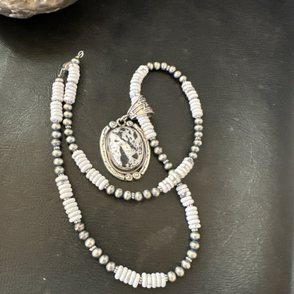 White Buffalo Turquoise Pendant Navajo Pearls Sterling Silver Necklace 20” 19499