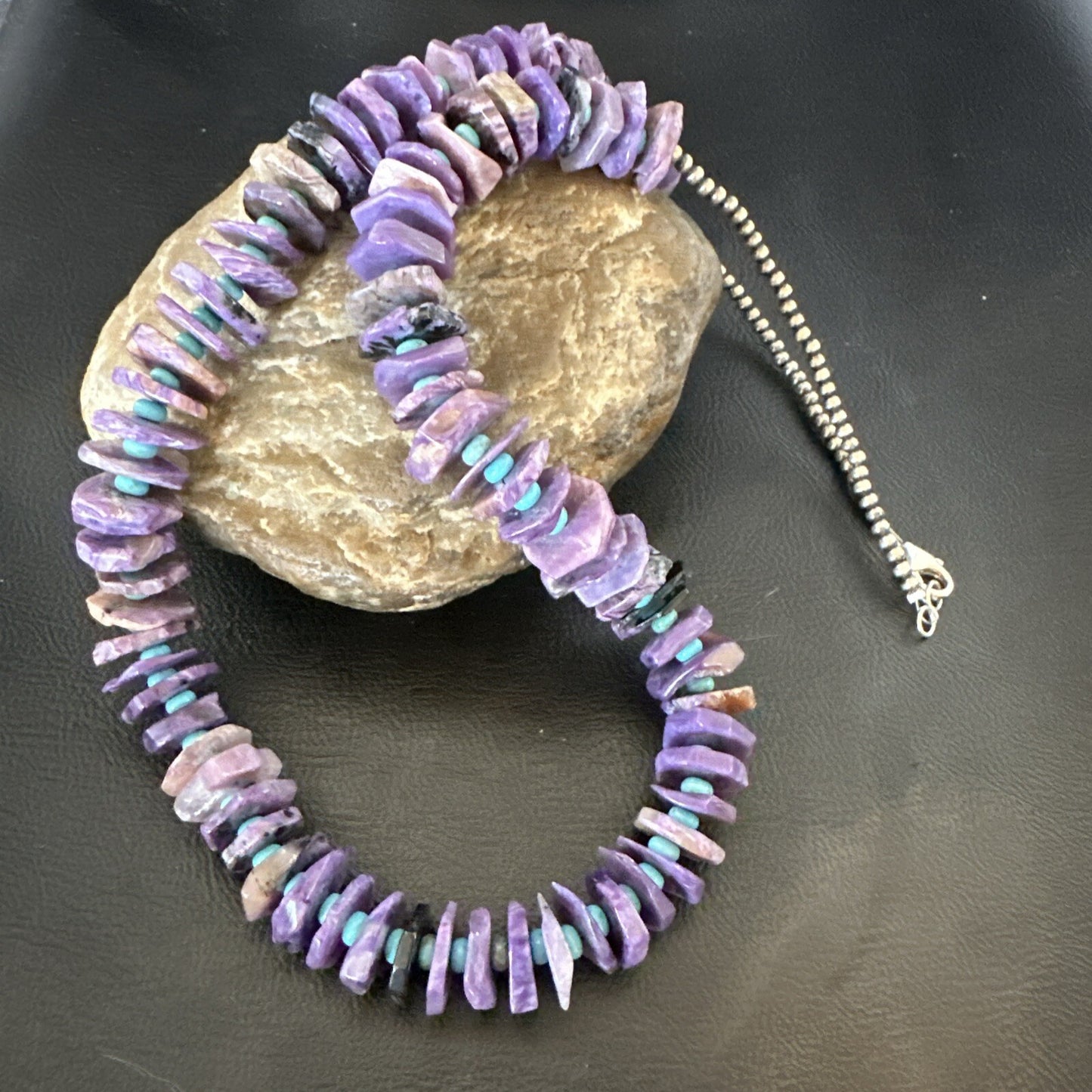 Popular Purple Charoite Blue Turquoise Navajo Sterling Silver Necklace 25” 18054