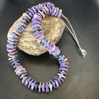 Popular Purple Charoite Blue Turquoise Navajo Sterling Silver Necklace 25” 18054