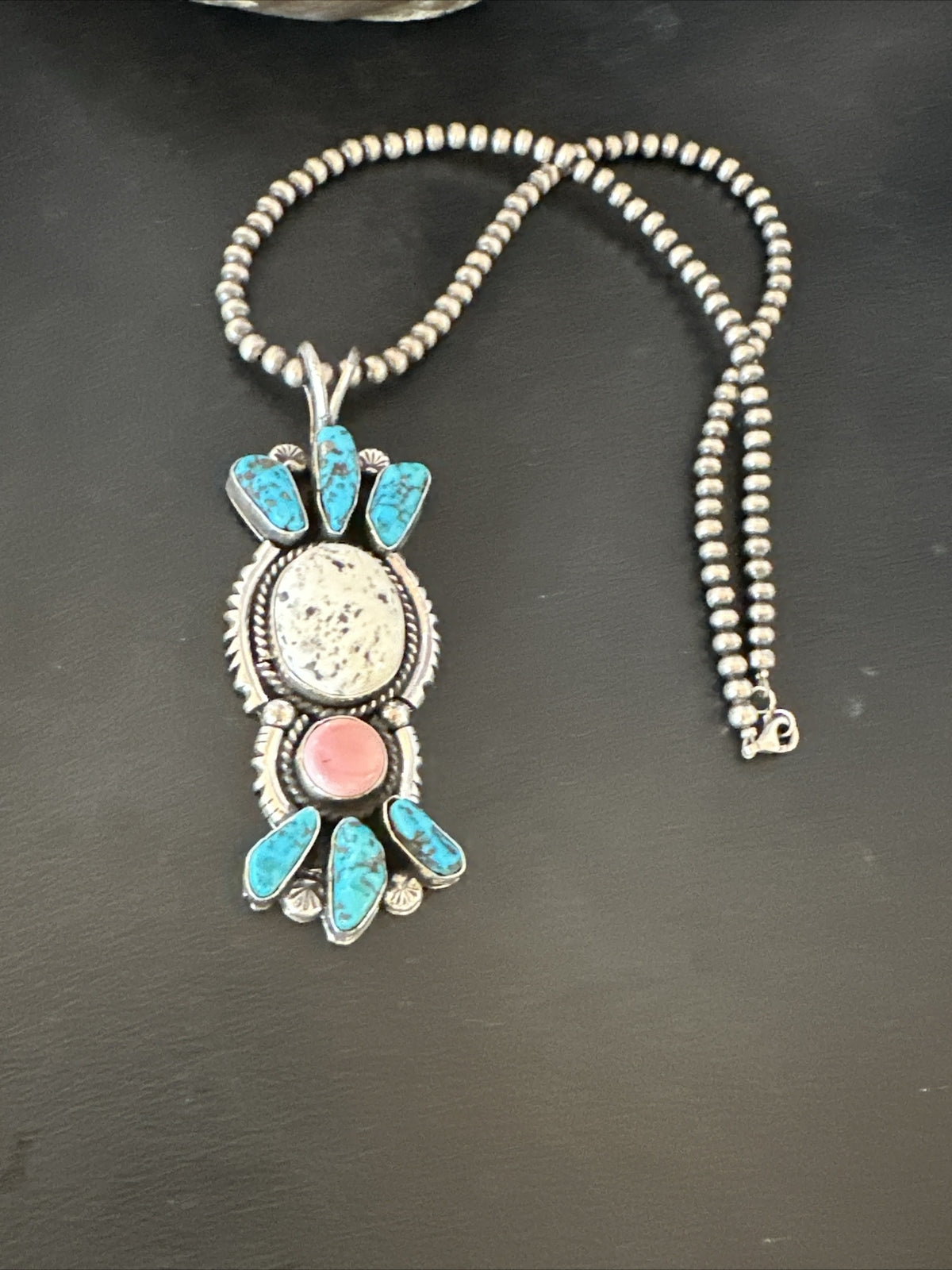 Blue Kingman Turquoise White Navajo Sterling Silver Cluster Pendant 4" 19325