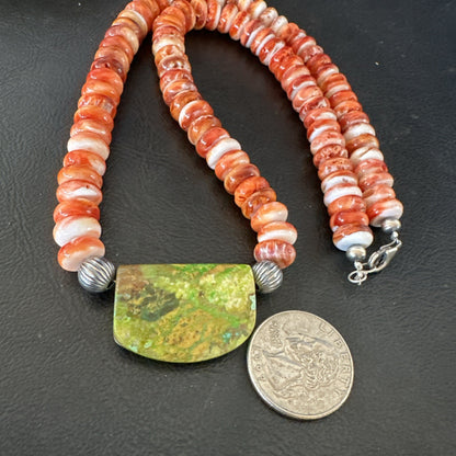 Orange Spiny  Green Turquoise Navajo Sterling Silver Pendant Necklace 20” 19636