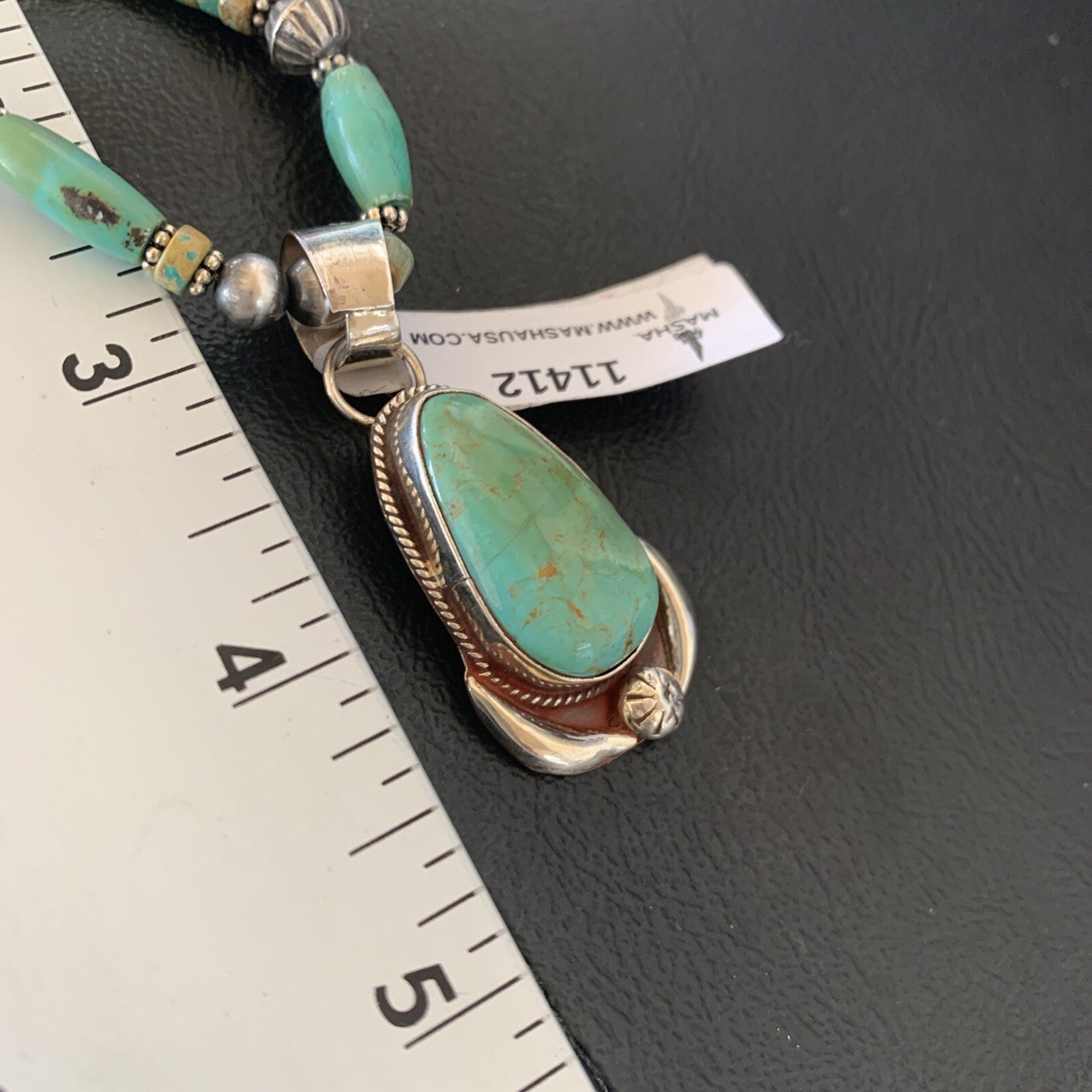 Green Turquoise Pendant Navajo Pearls Sterling Silver Necklace 11412