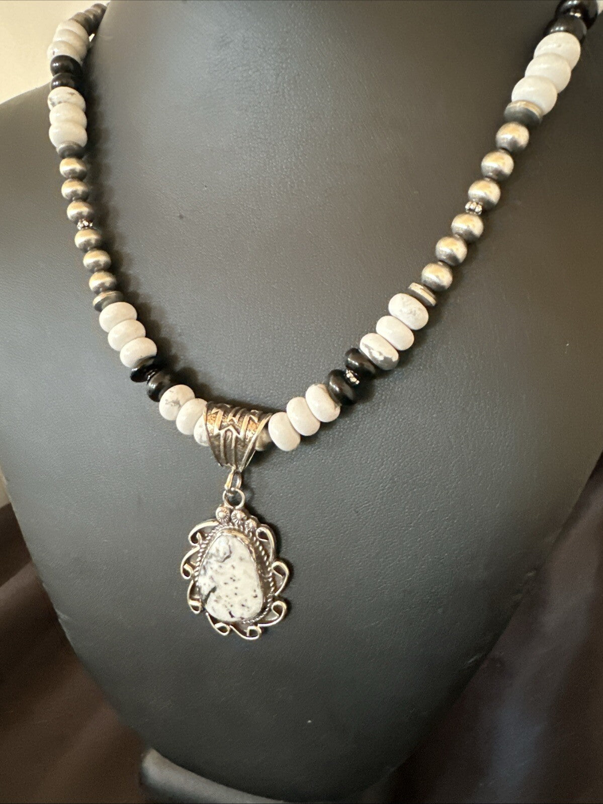 White Buffalo Turquoise Pendant Howlite Navajo Sterling Silver Necklace 24”18724