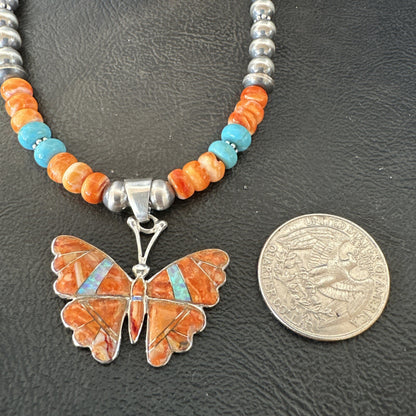 Butterfly Orange Spiny Turquoise Opal Sterling Silver  Necklace Pendant 18677