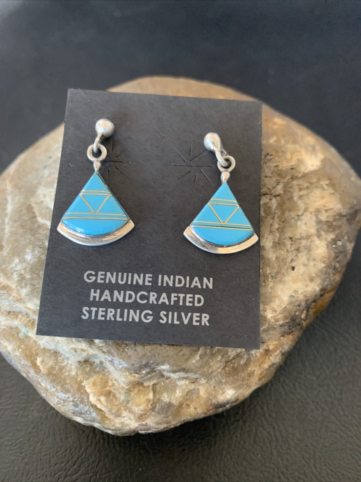 Blue Turquoise Inlay Zuni Sterling Silver Dangle Post Earrings 1" 12747