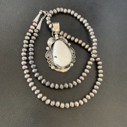 Men White Buffalo Turquoise Pendant Sterling Silver Beads Necklace 12668N