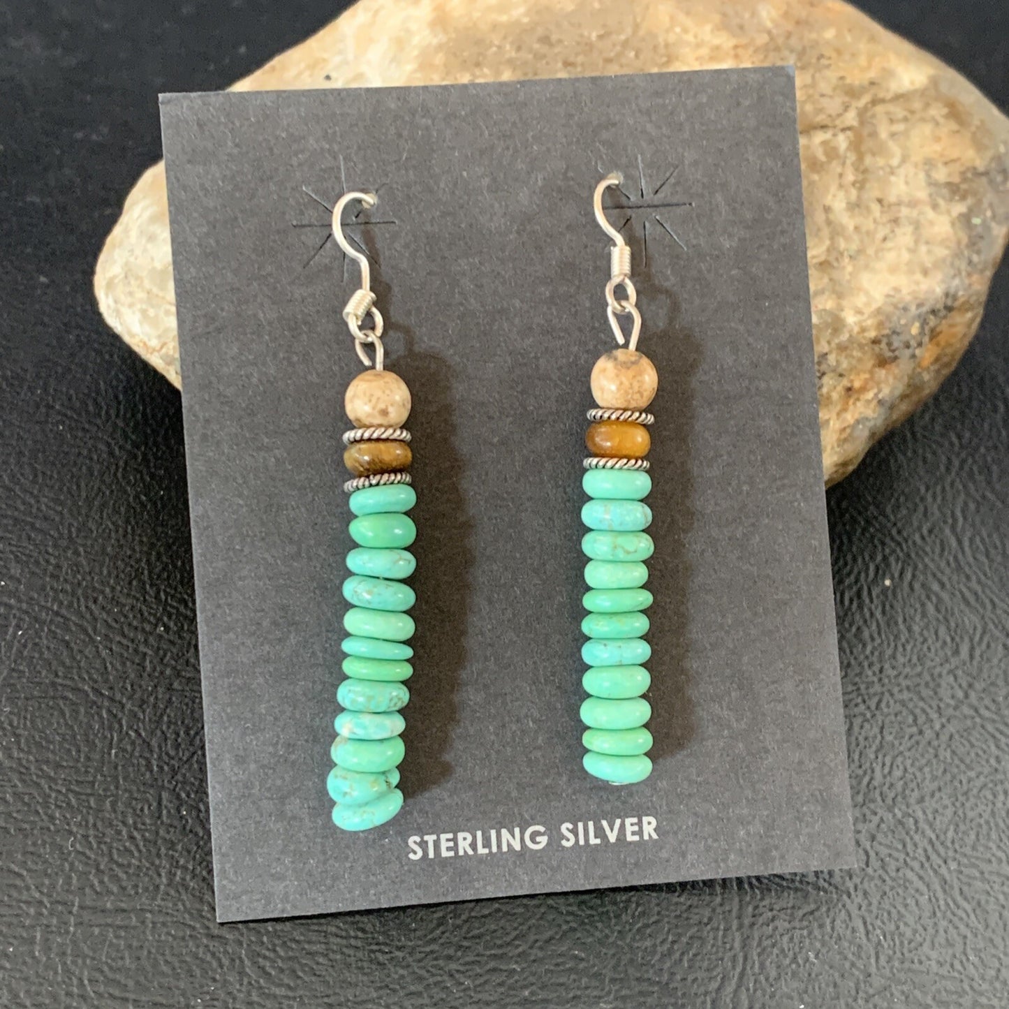 Green Turquoise & Picture Jasper Bead Navajo Sterling Silver Earrings 04080