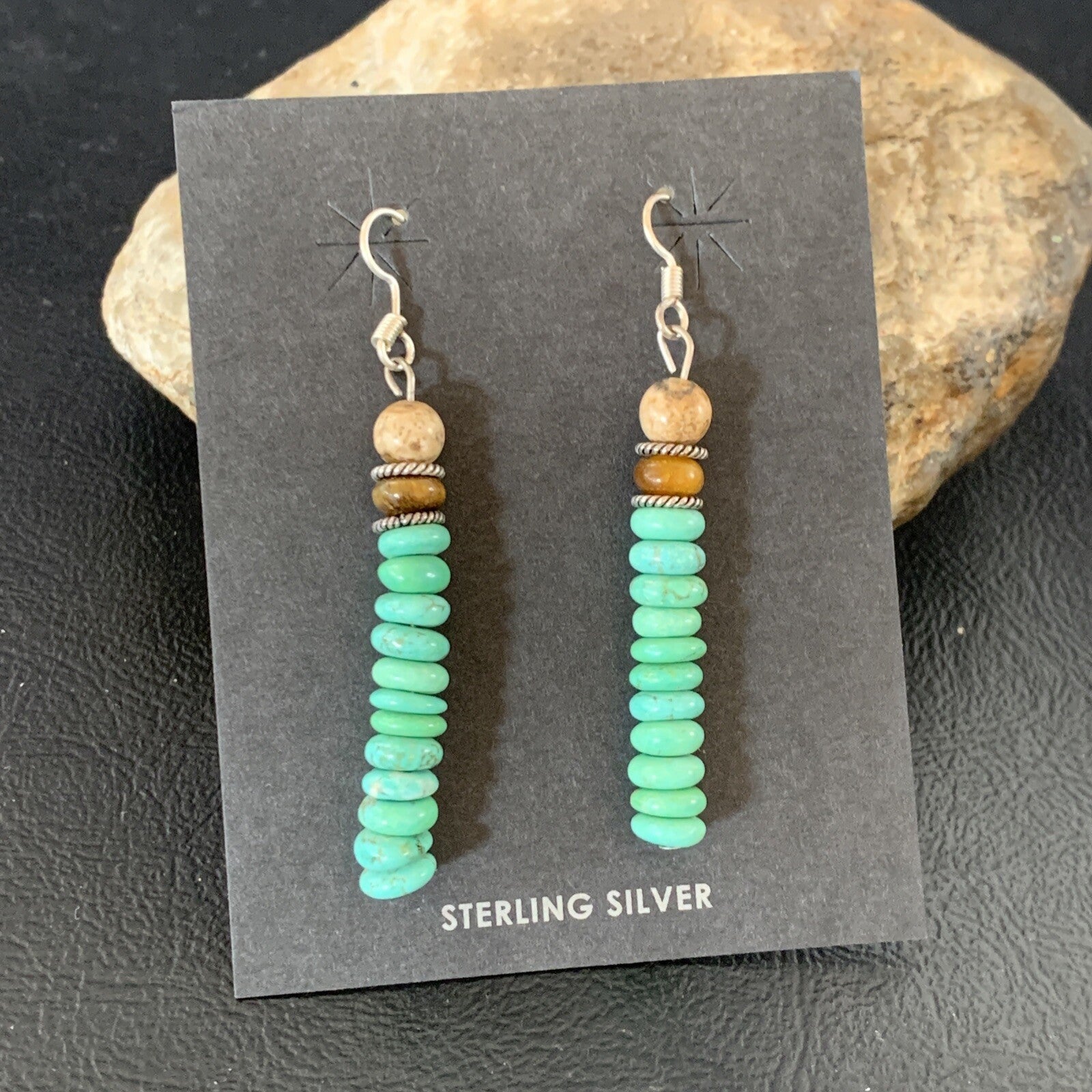 Green Turquoise & Picture Jasper Bead Navajo Sterling Silver Earrings 04080