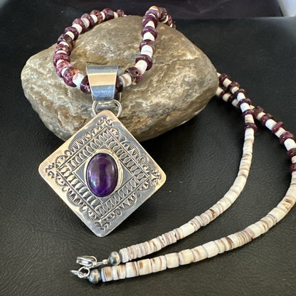 H Joe Purple Spiny Oyster Pendant Shell Sterling Silver Necklace 26” 19544