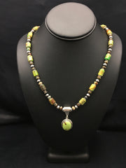 Green Gaspeite Pendant Turquoise Navajo Necklace 22" | Sterling Silver | Authentic Native American Handmade | 2818