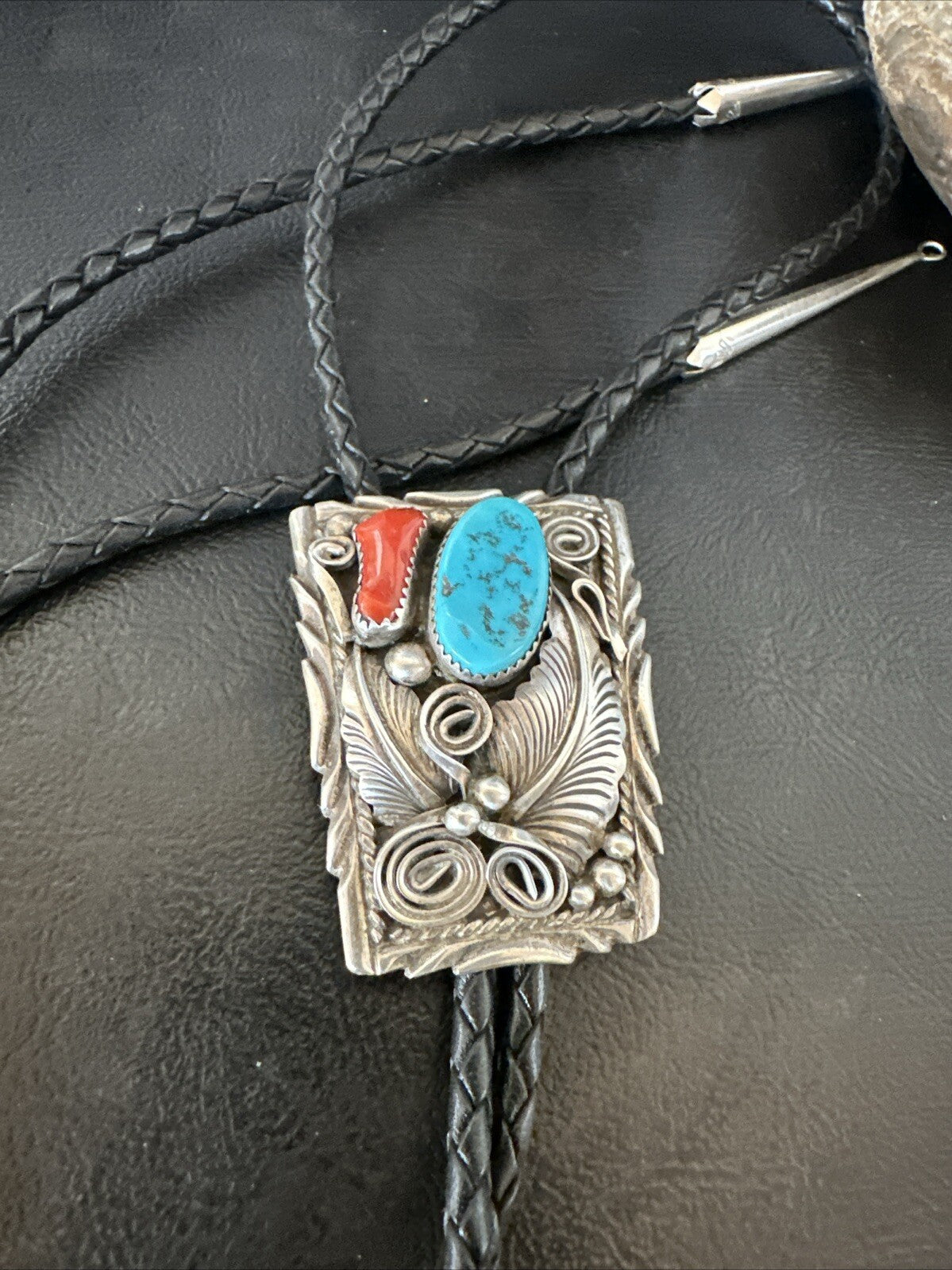 Mens Blue Kingman Turquoise Coral Bolo Tie Sterling Silver Navajo 18168