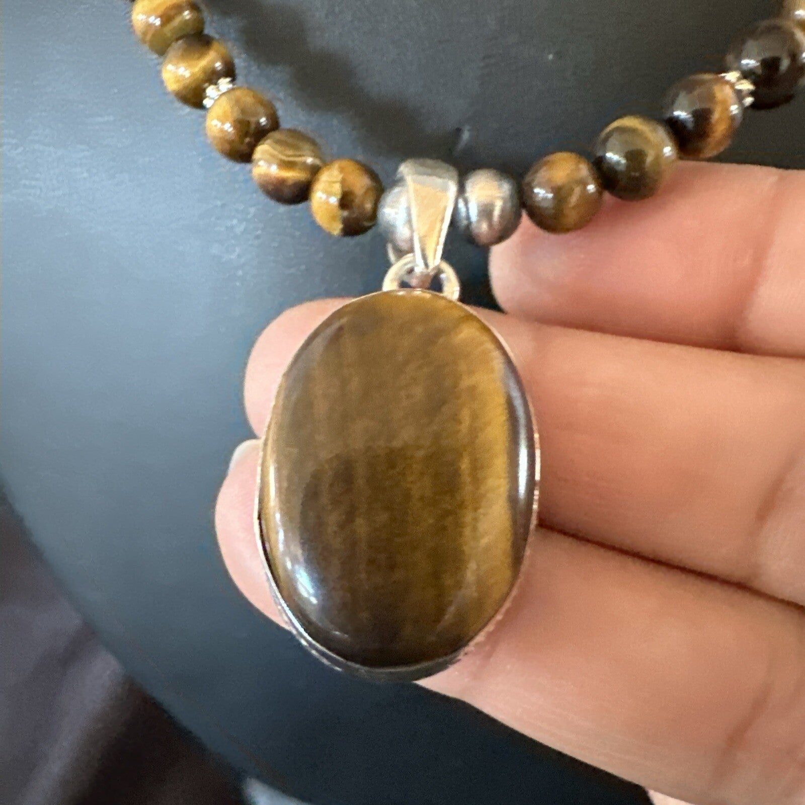 Coffee Brown Tigers Eye Sterling Silver Pendant Necklace Southwestern 18288