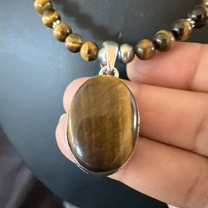 Coffee Brown Tigers Eye Sterling Silver Pendant Necklace Southwestern 18288