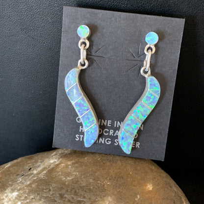 Womens Blue Opal Inlay Navajo Sterling Silver Dangle Post Earrings 12774