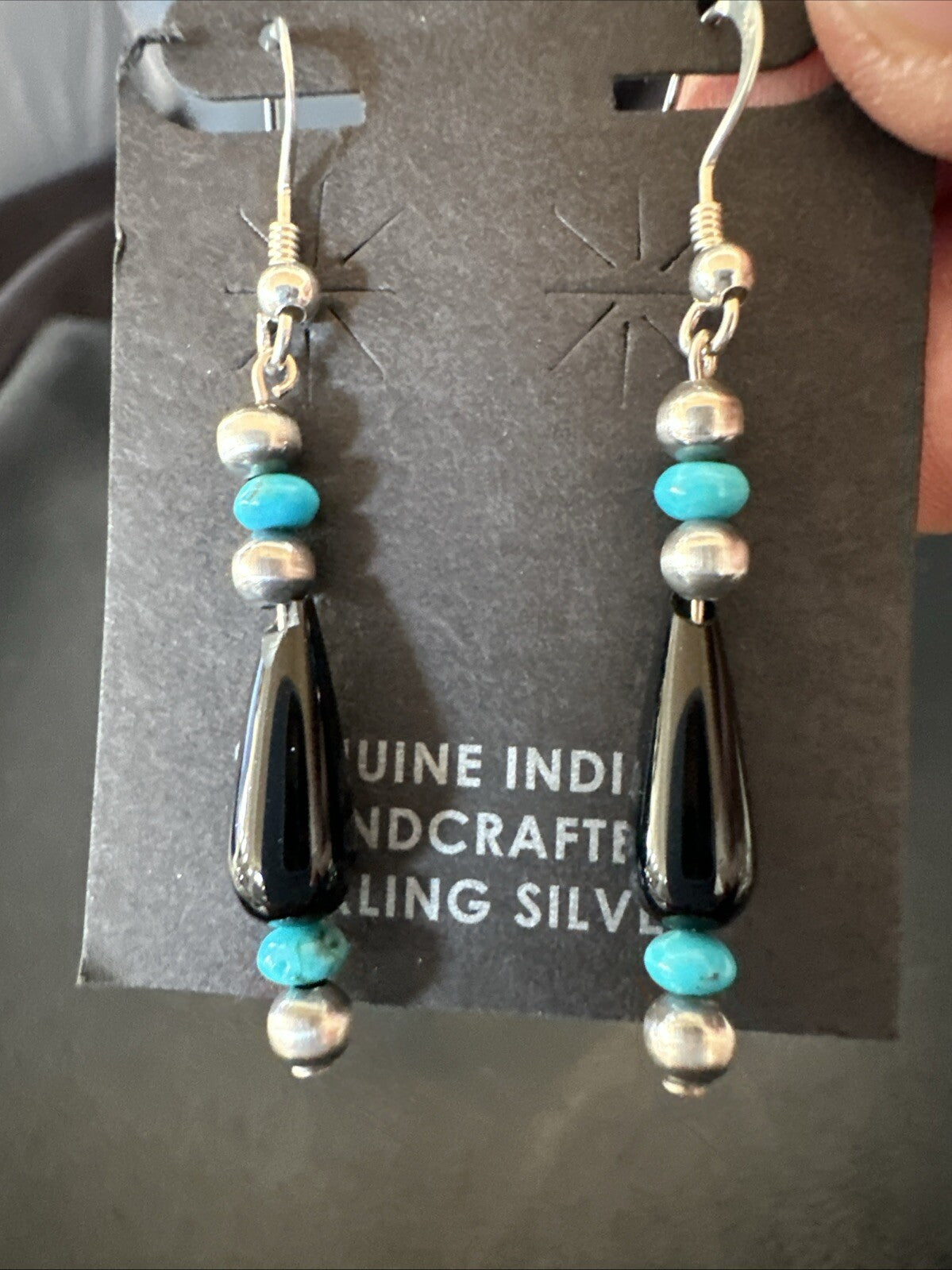 Navajo Sterling Silver Blue Turquoise Black Onyx Bead Dangle Earrings 18645
