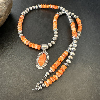 Orange Spiny Oyster Navajo Pearls Sterling Silver  Necklace Pendant 18679