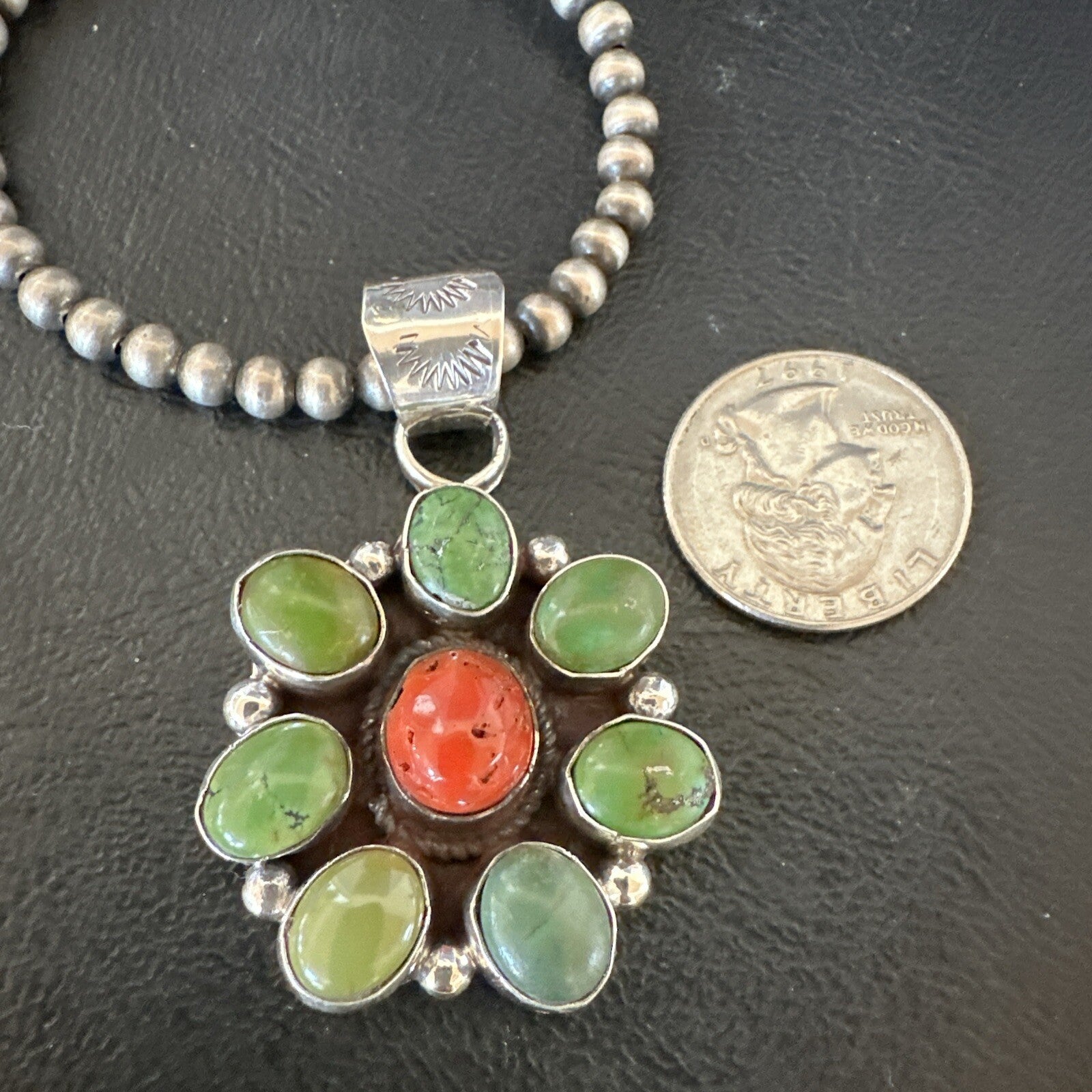 Navajo Sterling Cluster Red Turquoise Pendant Necklace 17711