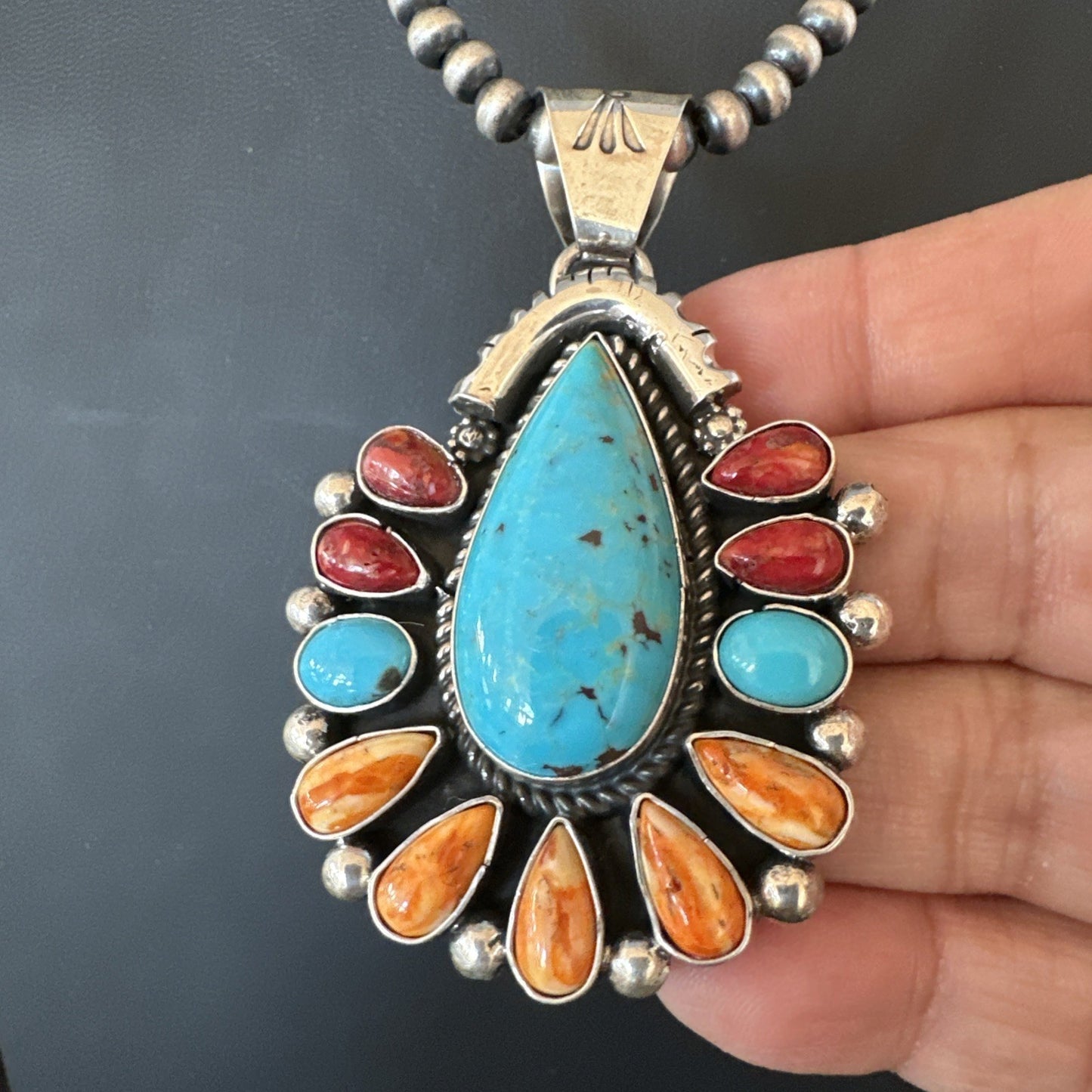 Multicolor Turquoise Spiny Navajo Sterling Silver Cluster Pendant Necklace 19561