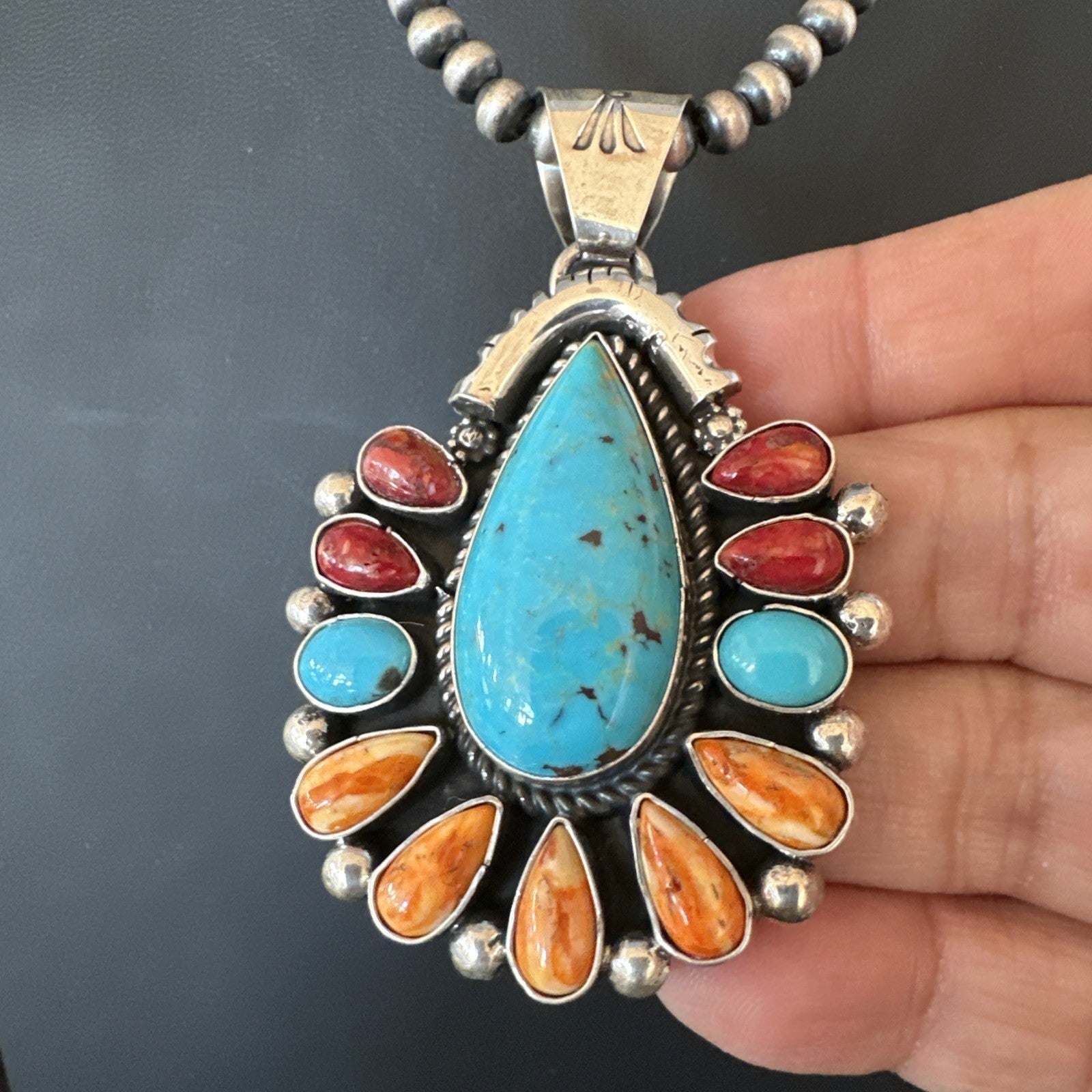 Multicolor Turquoise Spiny Navajo Sterling Silver Cluster Pendant Necklace 19561
