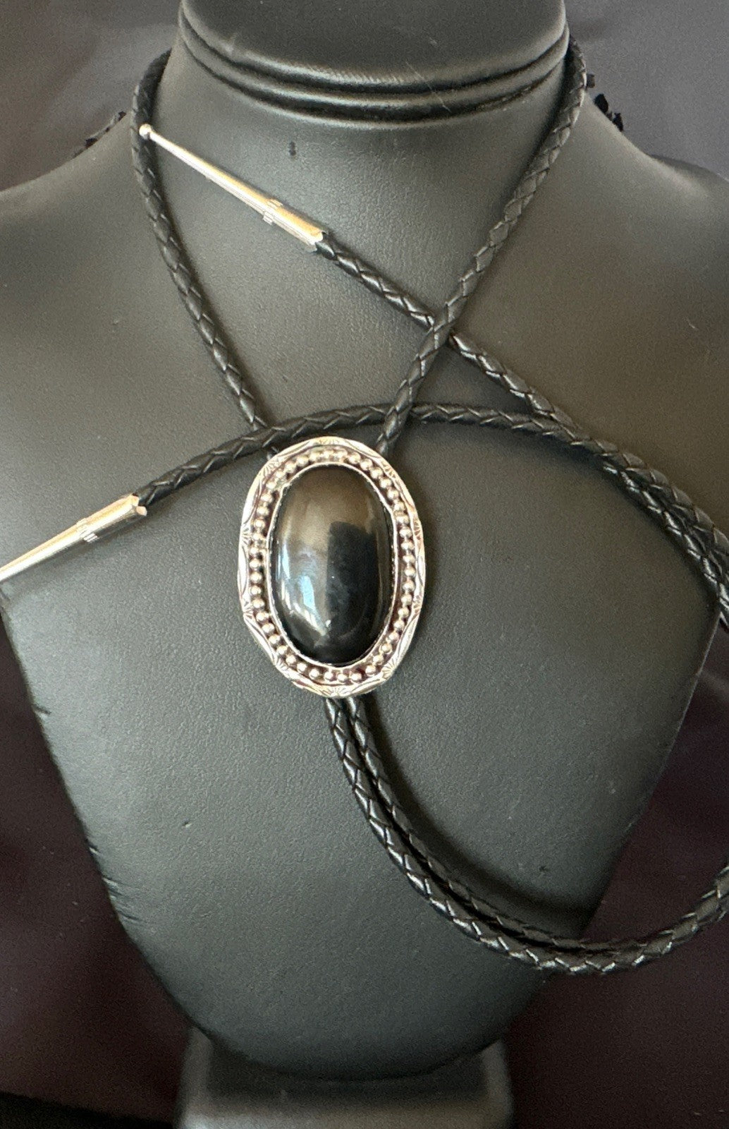 Mens Black Onyx Navajo Sterling Silver Bolo Tie 19053