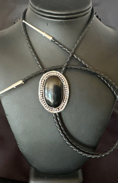 Mens Black Onyx Navajo Sterling Silver Bolo Tie 19053
