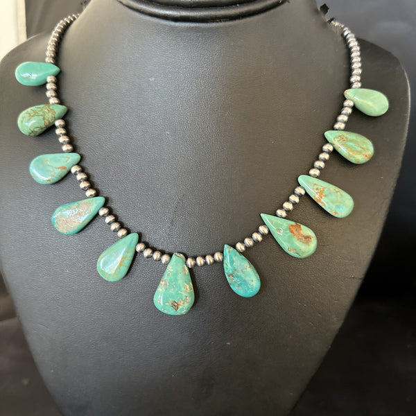 Blue Turquoise Teardrop Navajo Pearls Necklace | Sterling Silver | Authentic Native American Handmade | 14390
