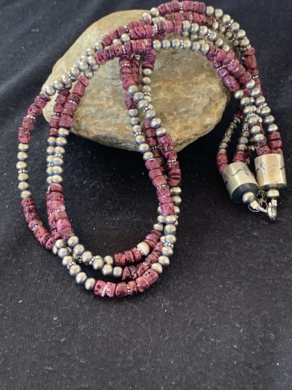 Native Navajo Sterling Silver 3 Strand Purple Spiny Oyster Necklace 22” 10115