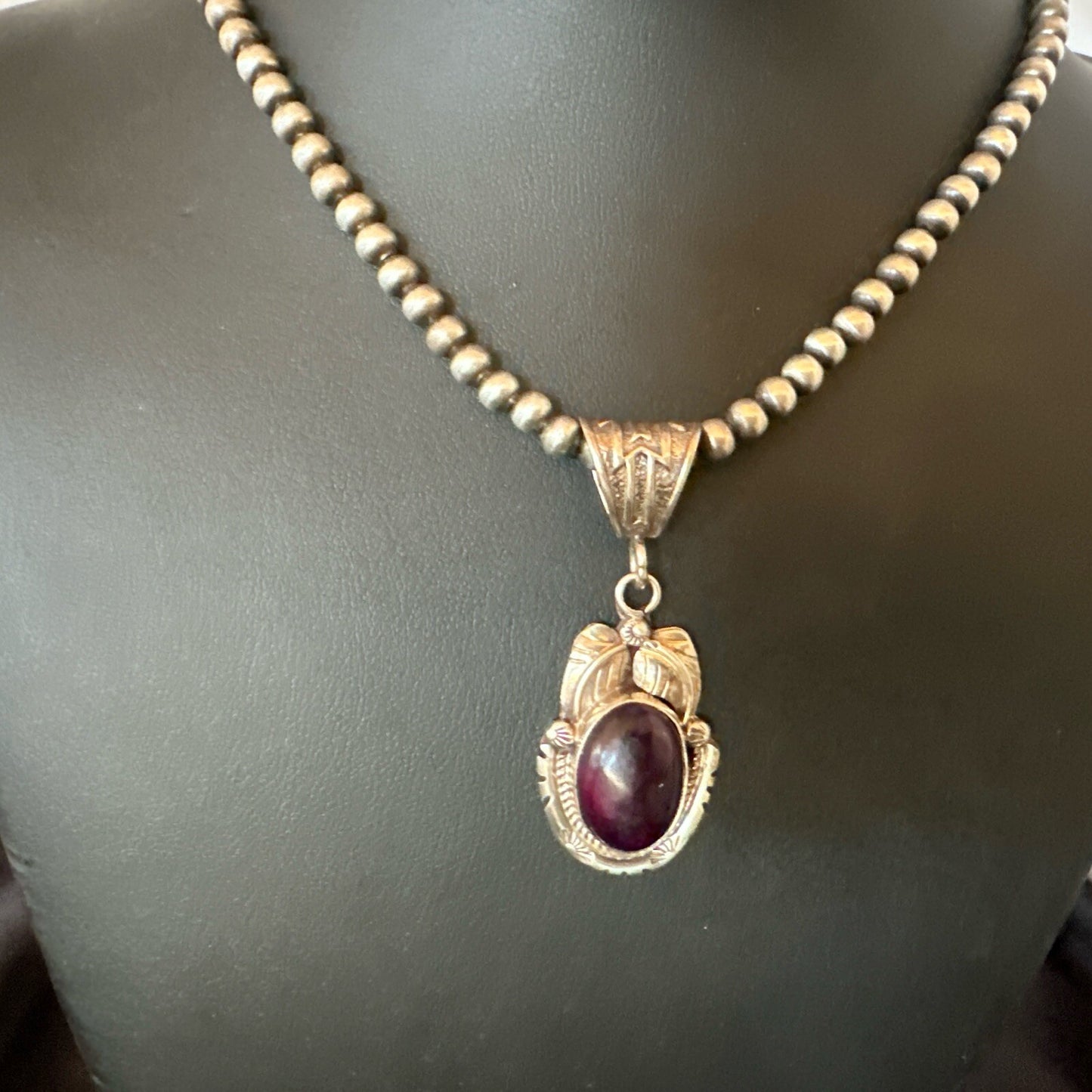 Purple Stone Pendant Navajo Pearls Sterling Silver Necklace 20” 18404