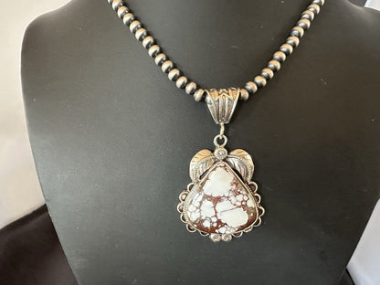Navajo Pearls Sterling Silver Wild Crazy Horse Turquoise Necklace Pendant 19391