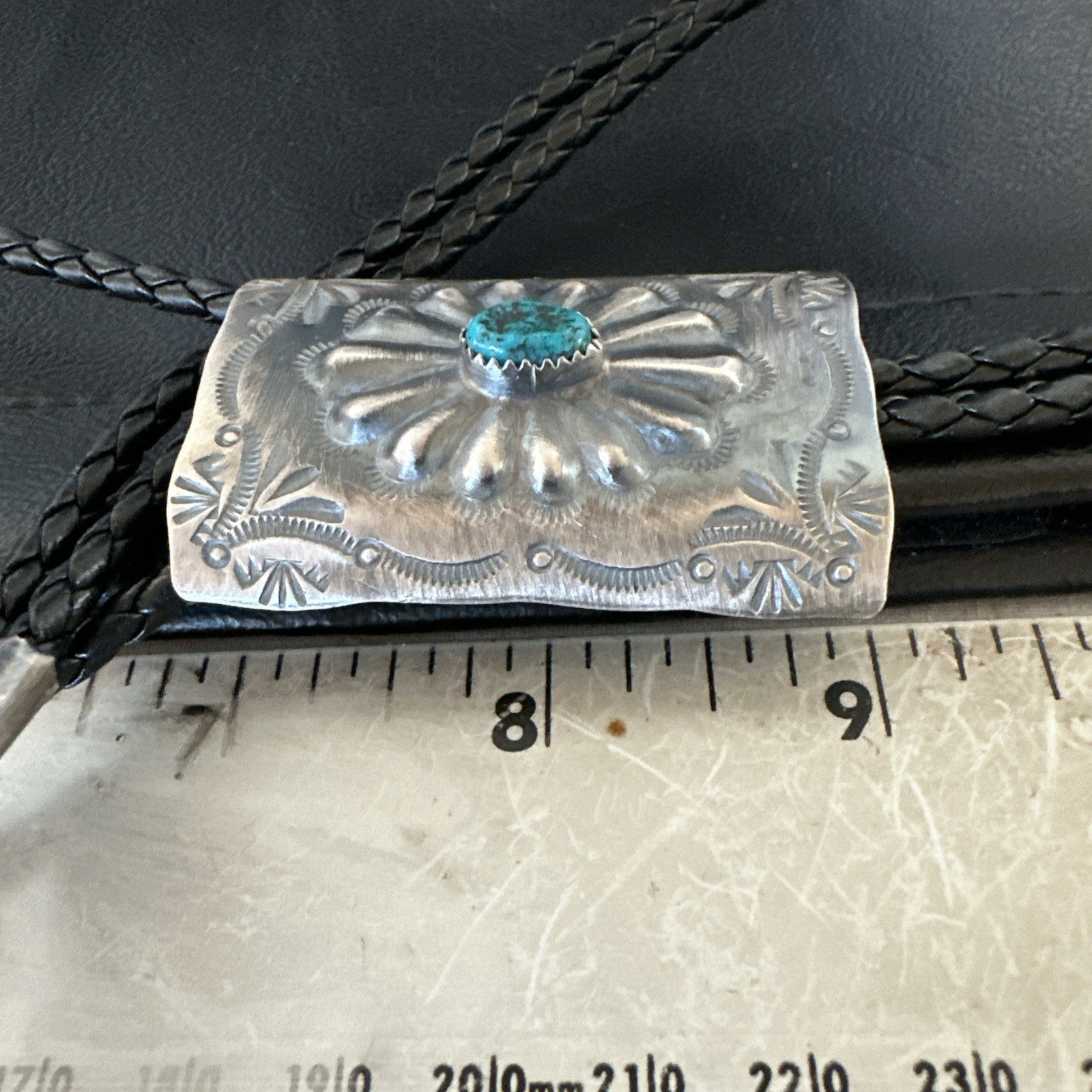 Mens Stamped Bolo Tie Blue Kingman Turquoise Navajo Sterling Silver 2” 19301