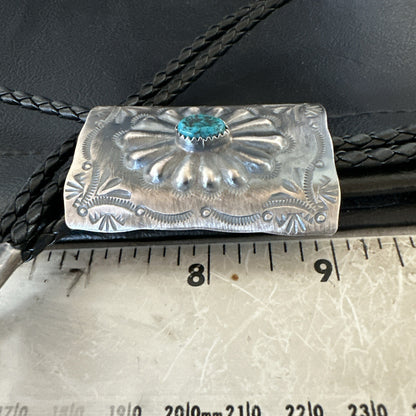 Mens Stamped Bolo Tie Blue Kingman Turquoise Navajo Sterling Silver 2” 19301
