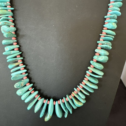 Mens Women Navajo Blue Turquoise Pink Coral Necklace Sterling Silver 28” 19746