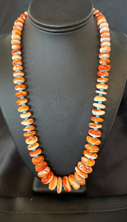 Orange Spiny Oyster Blue Turquoise Navajo Sterling Silver Necklace 25" 18089
