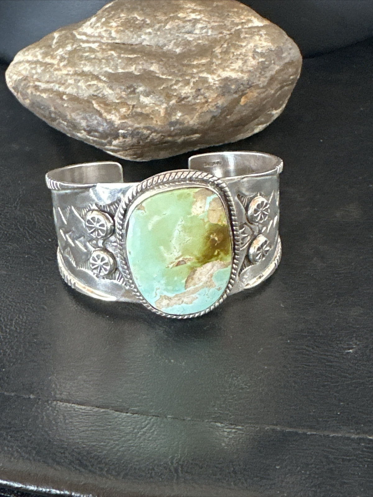 Navajo Women Green Royston Turquoise Stamped Sterling Silver Cuff Bracelet 17865