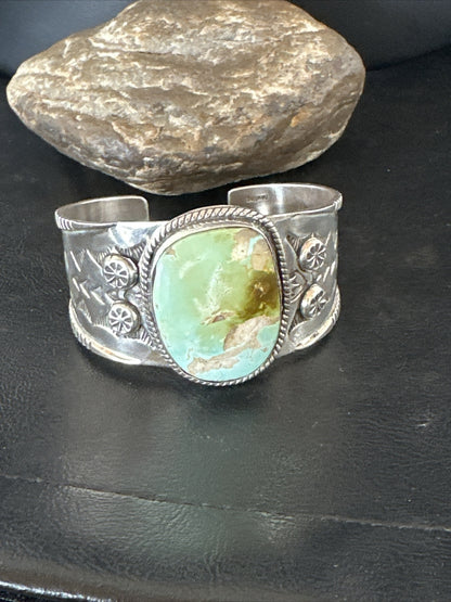 Navajo Women Green Royston Turquoise Stamped Sterling Silver Cuff Bracelet 17865
