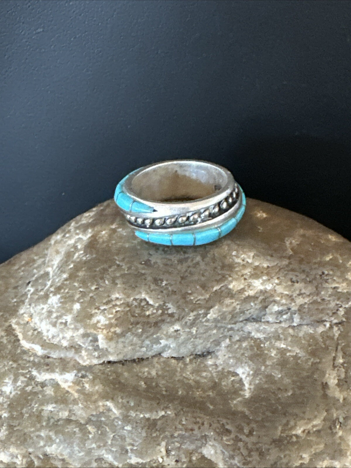 Blue Turquoise Navajo Sterling Silver Inlay Band Ring Size 7 18813