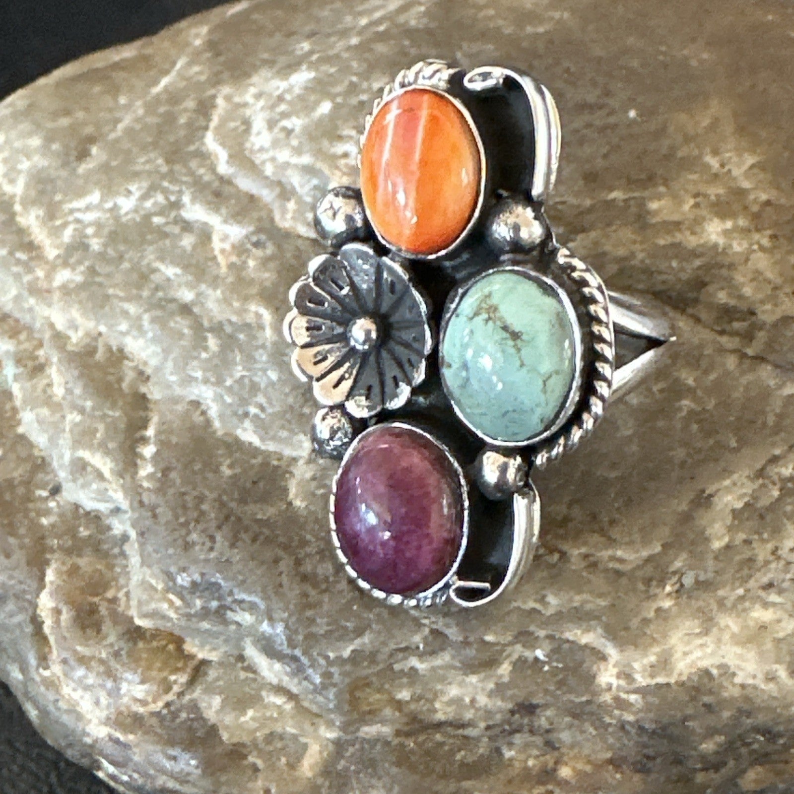 Multicolor Ring Turquoise Spiny Navajo Sterling Silver Cluster Size 6.5 19175