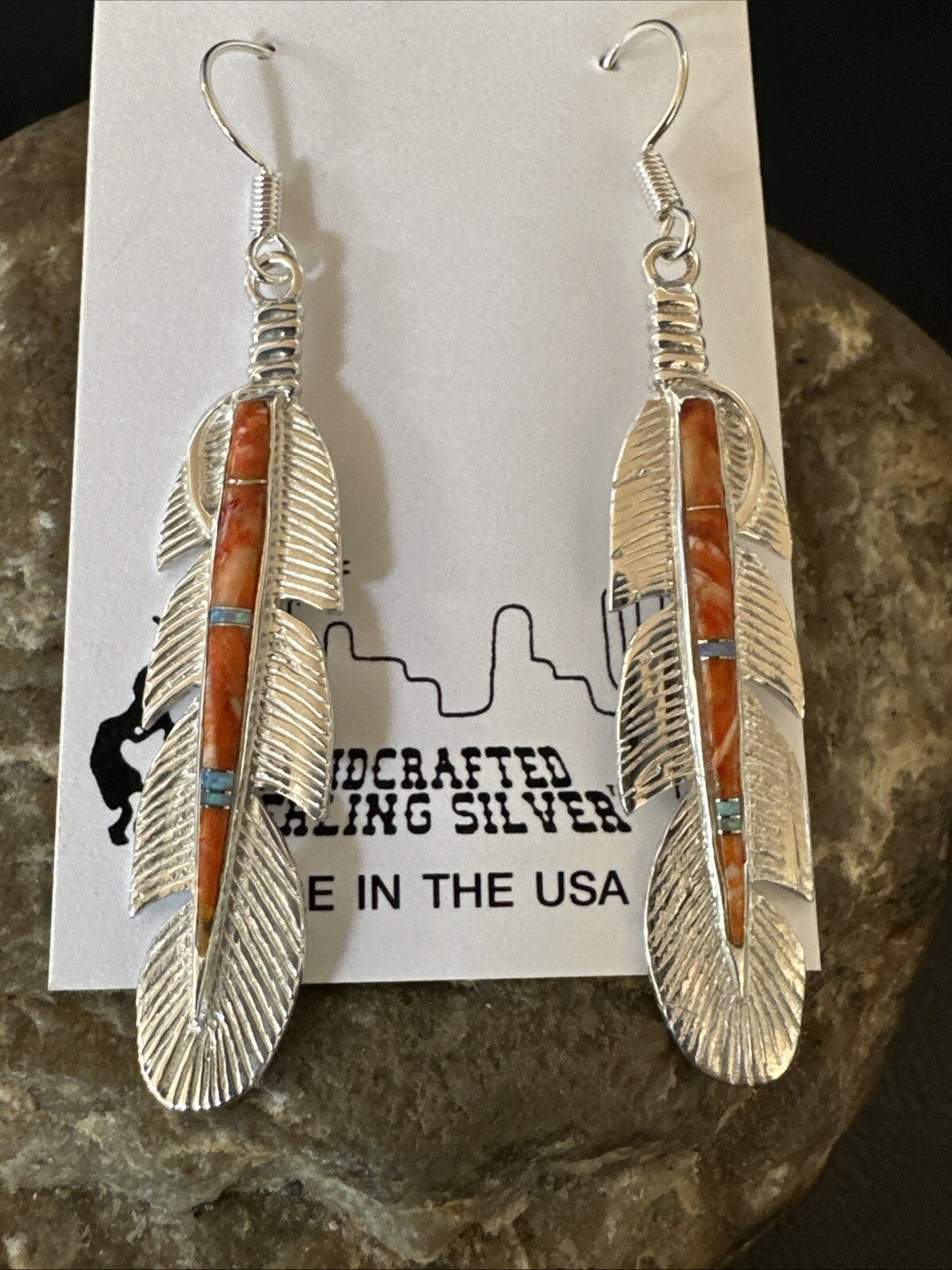 Orange Spiny Oyster Opal Sterling Silver Handmade Inlay Feather Earrings 18695