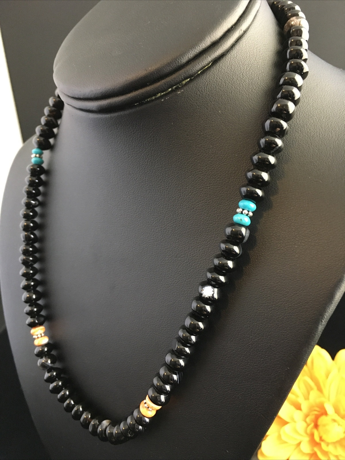 Black Onyx & Turquoise Navajo Sterling Silver Necklace 18” 10020