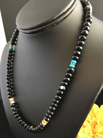 Black Onyx & Turquoise Navajo Sterling Silver Necklace 18” 10020