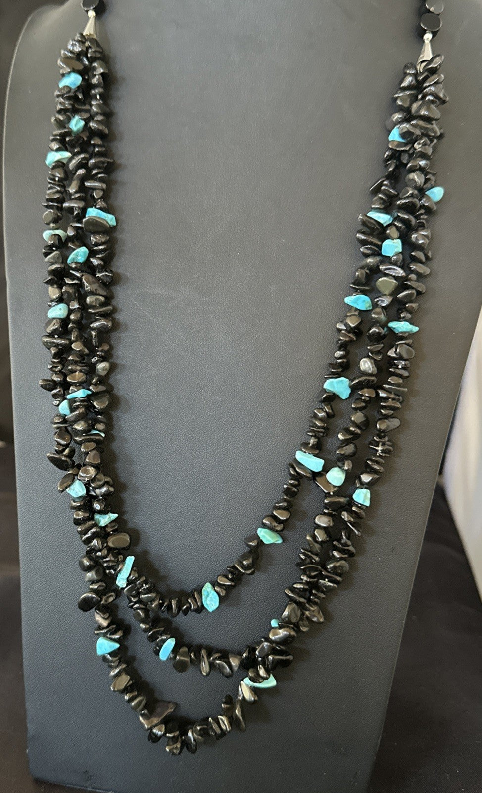 Sterling NAVAJO Black Onyx Blue Turquoise 3S Silver Necklace 30” 19577
