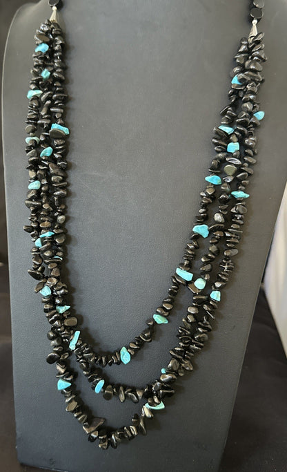 Sterling NAVAJO Black Onyx Blue Turquoise 3S Silver Necklace 30” 19577