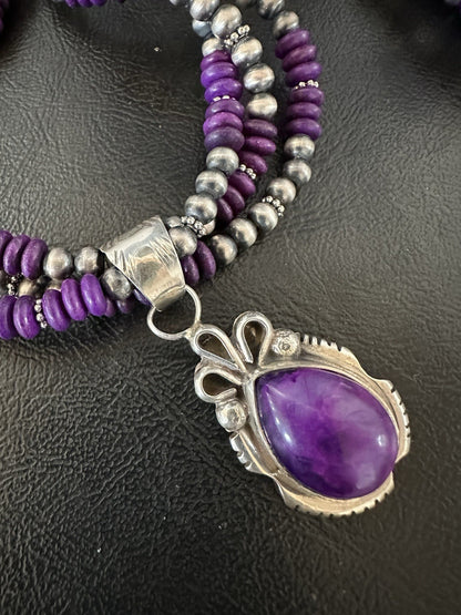 Navajo Sterling Silver 3 Strand Purple Stone Necklace Pendant 22” 19304
