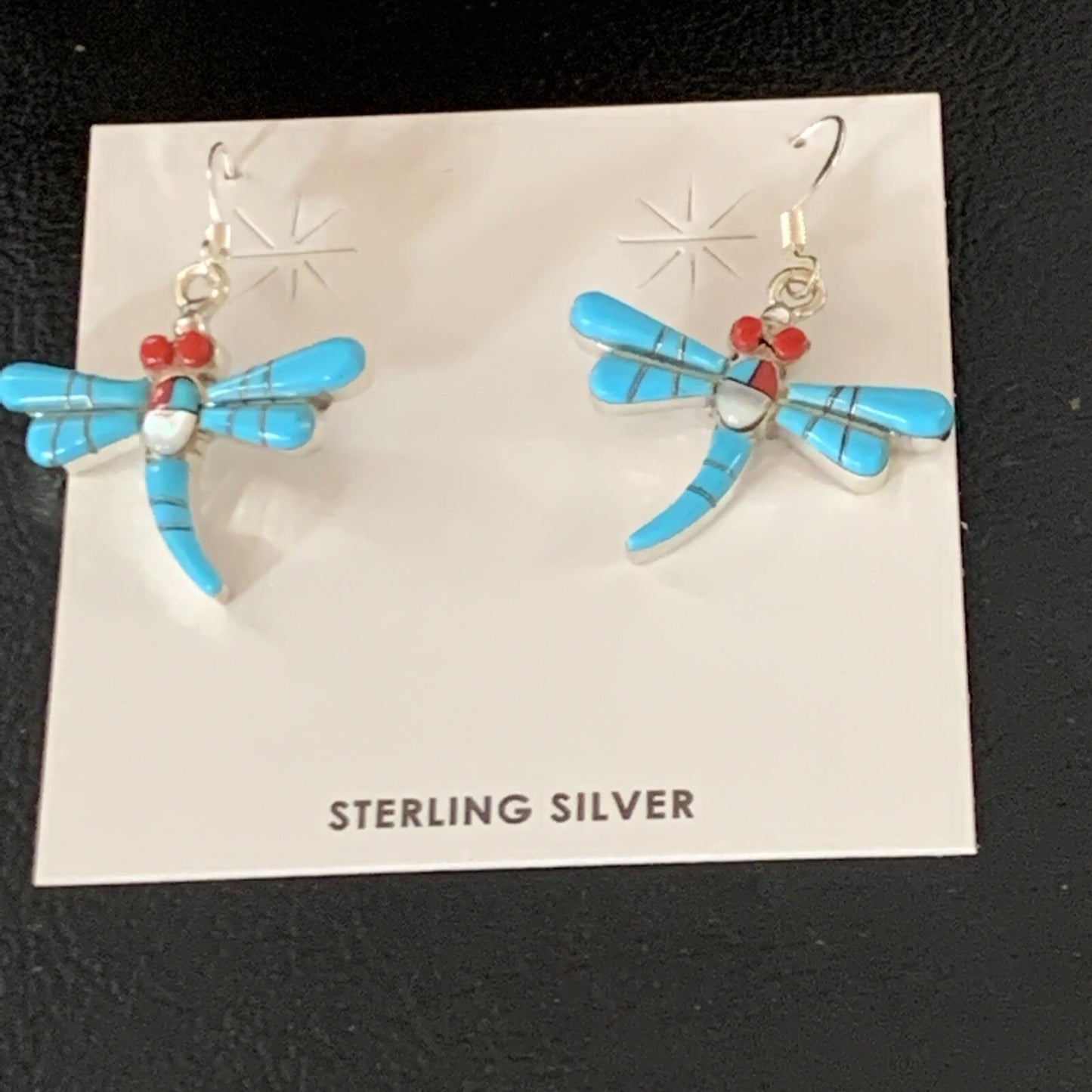 Dragonfly Blue Turquoise Coral MOP Inlay Sterling Silver Earrings 1" 13318