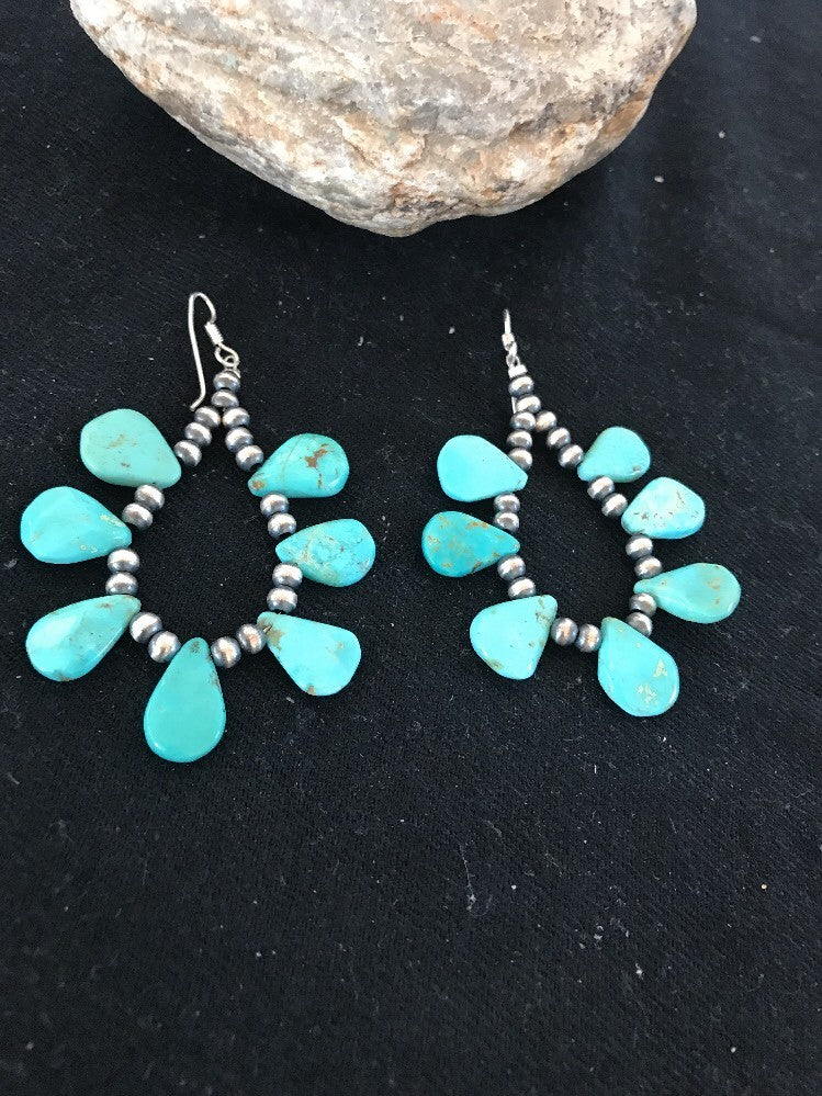 Native American Navajo Blue Cluster Turquoise Sterling Silver Earrings 10063