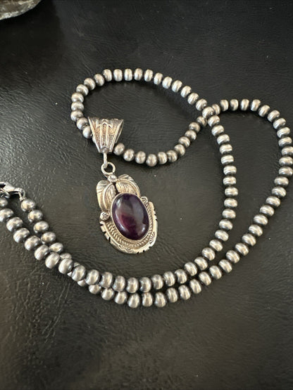 Purple Stone Pendant Navajo Pearls Sterling Silver Necklace 20” 18392