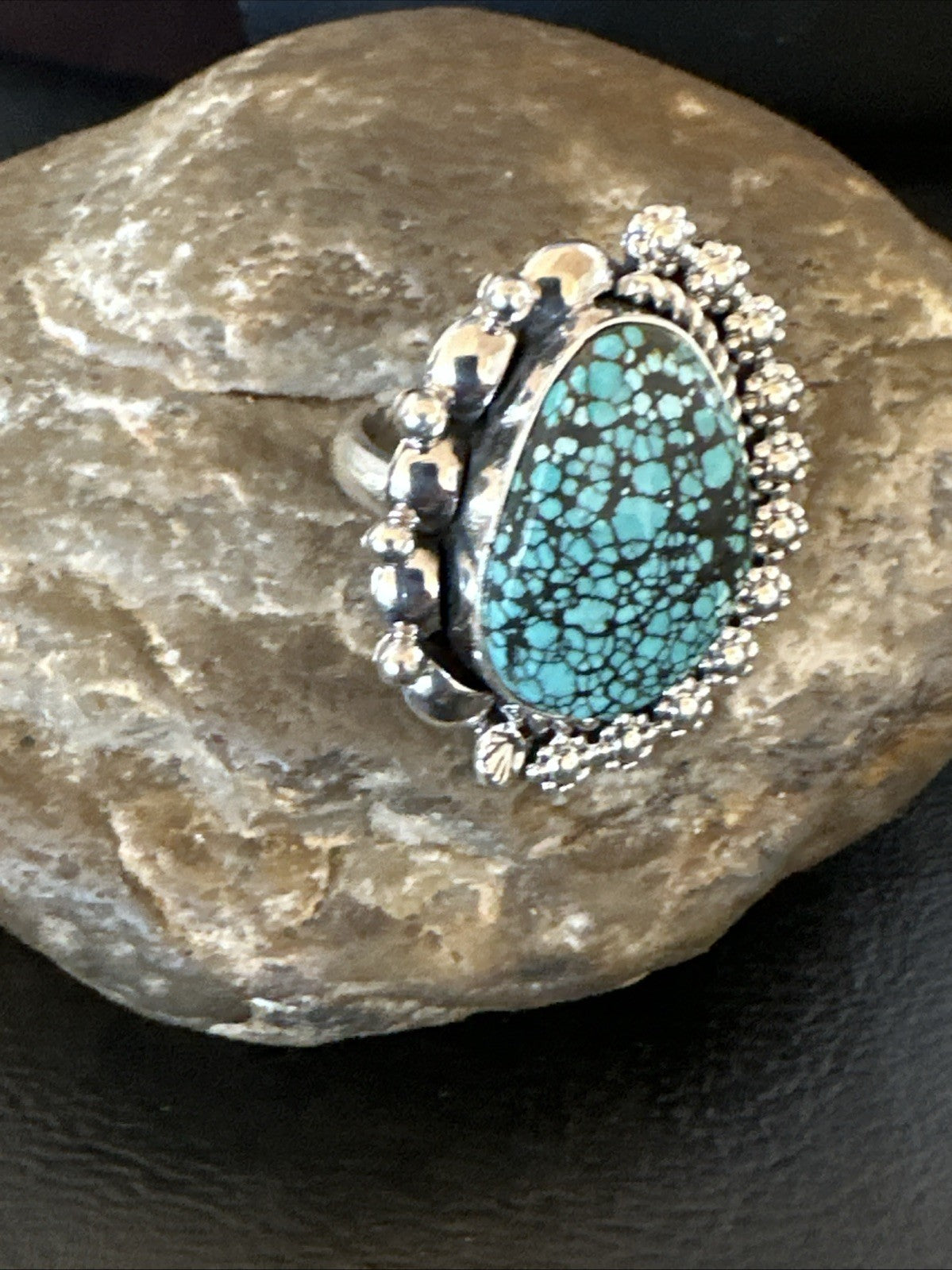 Navajo Sterling Silver Spiderweb Turquoise Ring Sz 8 19617