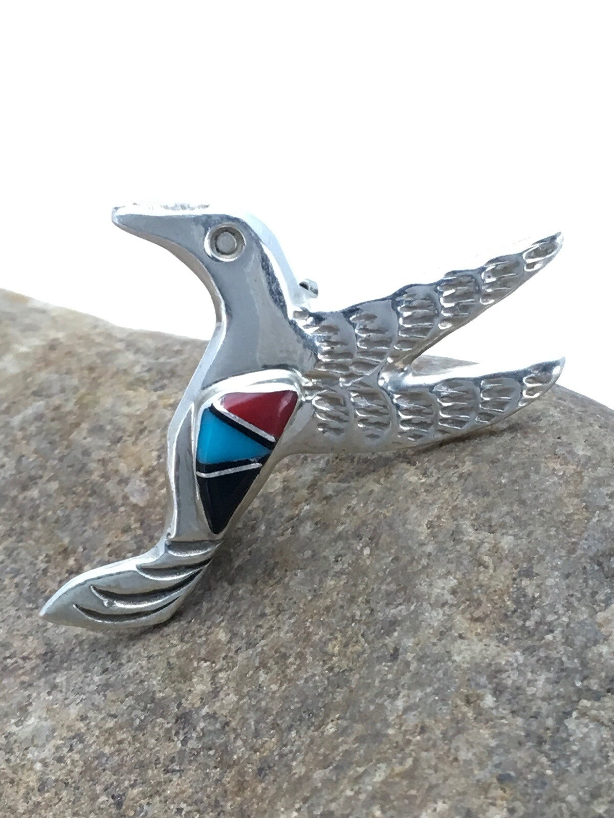 Turquoise & Coral Hummingbird Navajo Sterling Silver Pin 02899